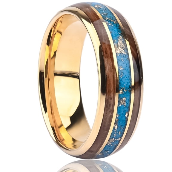 8mm Wide Tungsten Steel Ring Gold Inlaid with Wine Barrel Wood Middle Broken Turquoise Ring