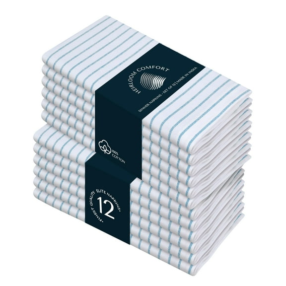 HEIRLOOM COMFORT Turquoise Stripe Cloth Napkins (Set of 12), 18x18 Inch, 100% Cotton, Washable & Durable Fabric, Classic Striped Table Linen Napkin for Summer Dining, Beach Decor, BBQs, Everyday Use