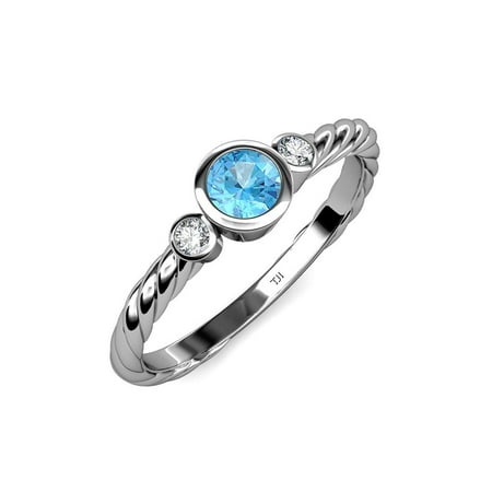 

Blue Topaz and Diamond (SI2-I1 G-H) Three Stone Rope Ring 0.73 ct tw in 14K White Gold.size 4.0