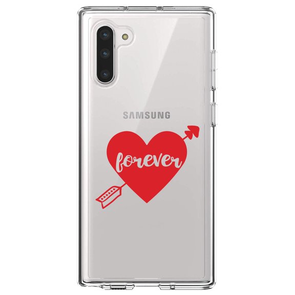 DistinctInk Clear Shockproof Hybrid Case for Samsung Galaxy Note 10 (6.3" Screen) - TPU Bumper Acrylic Back Tempered Glass Screen Protector - Heart Arrow Forever Valentine
