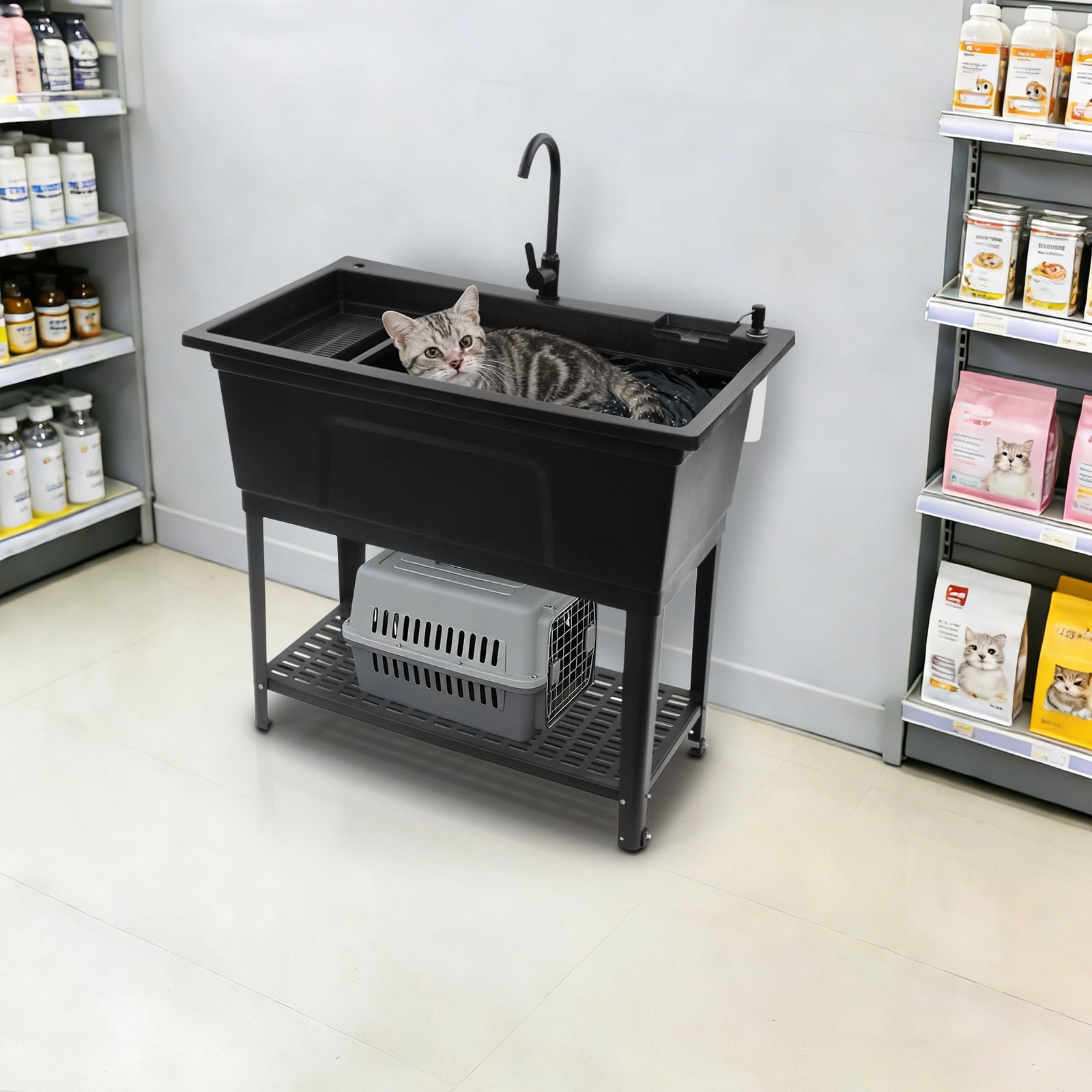 Freestanding Utility Sink for Homes Business, Heavy Duty Plastic Laundry Tub and Kitchen Sink with Faucet Soap Dispenser Black