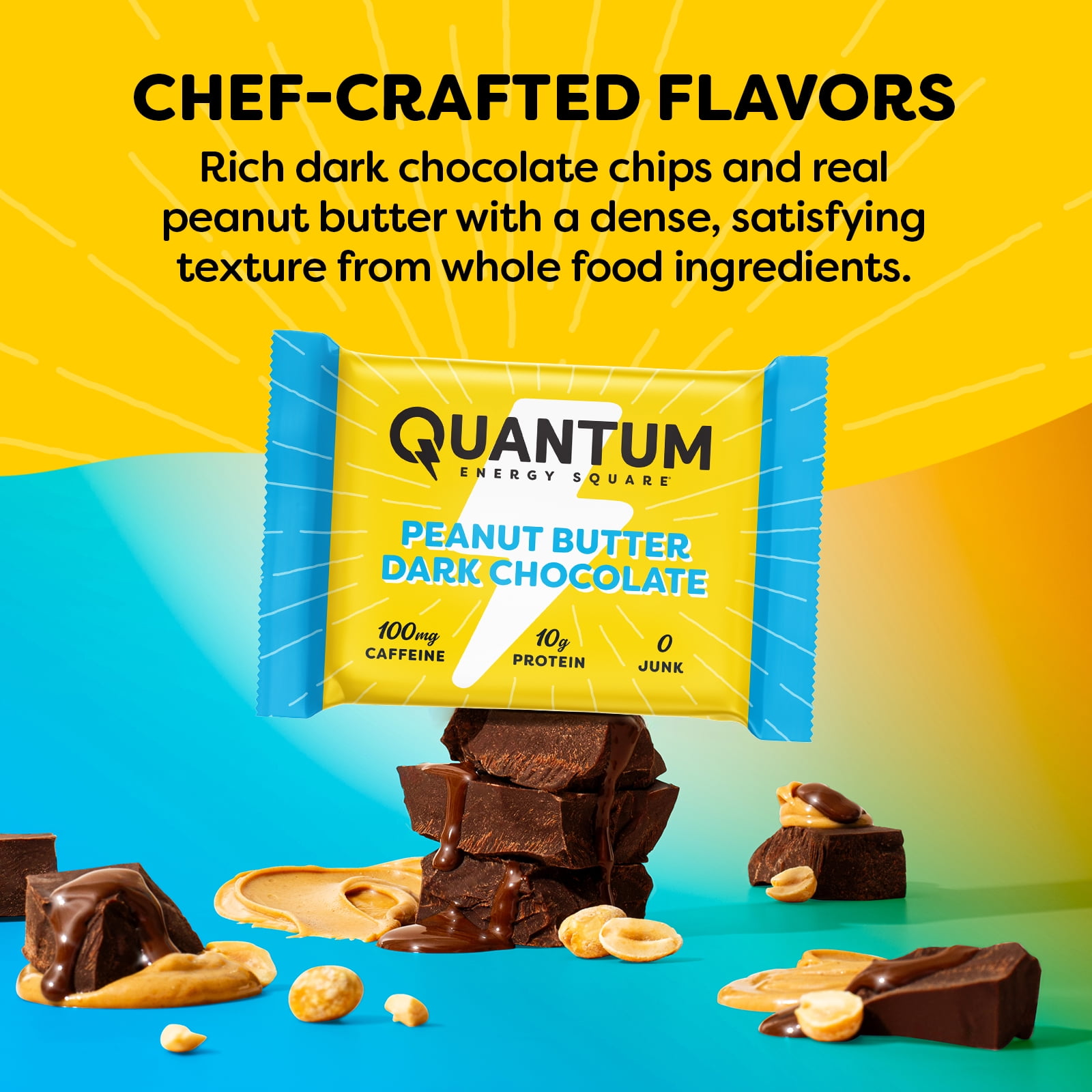 Quantum Energy Square: Energy Bar with Caffeine & 10g Protein. Delicious Healthy Snack On The Go. (Vegan, Gluten-free, Soy-free, Dairy-free). Flavor: Peanut Butter Dark Chocolate 8Pk