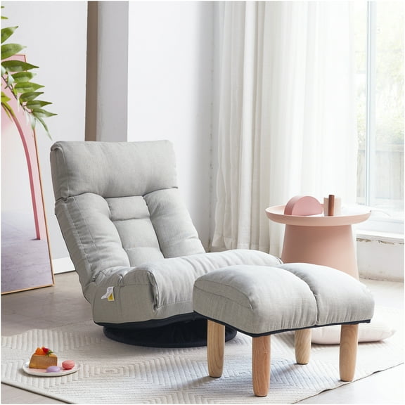 JERFIT Modern Recliner Chair with 360° Swivel, Adjustable Lazy Sofa for Living Room, Gray Linen Fabric on Metal Frame