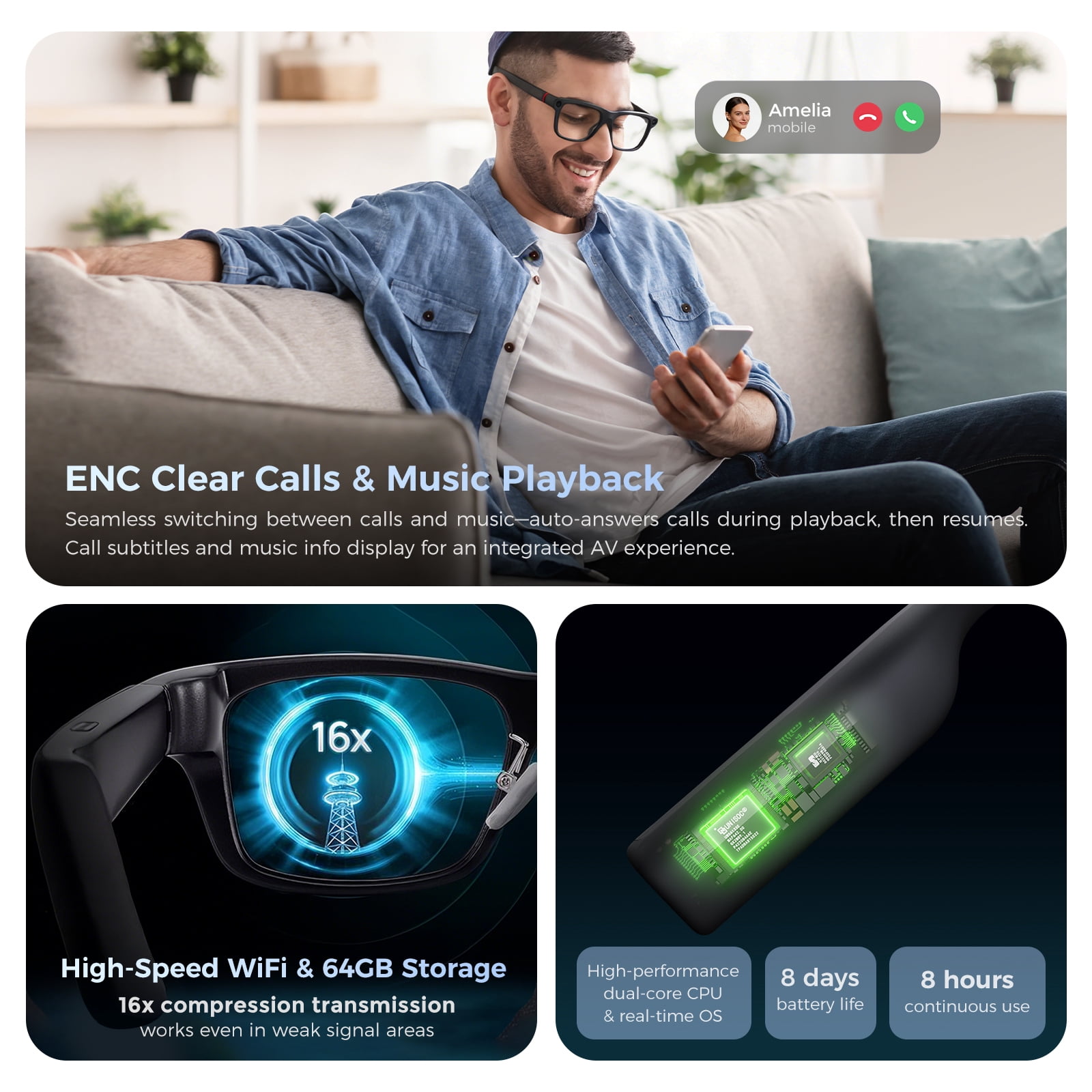 Domars AI Smart Glasses with HD Camera & AR Display, 268-Language Real-Time Translation, Invisible Teleprompter, Bluetooth Smart Sunglasses for Men Women