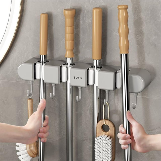 Soporte multifuncional para trapeadores y escobas Punch | Estante de pared sin taladro para baño, cocina y garaje | Colgador adhesivo para escobas, trapeadores y herramientas