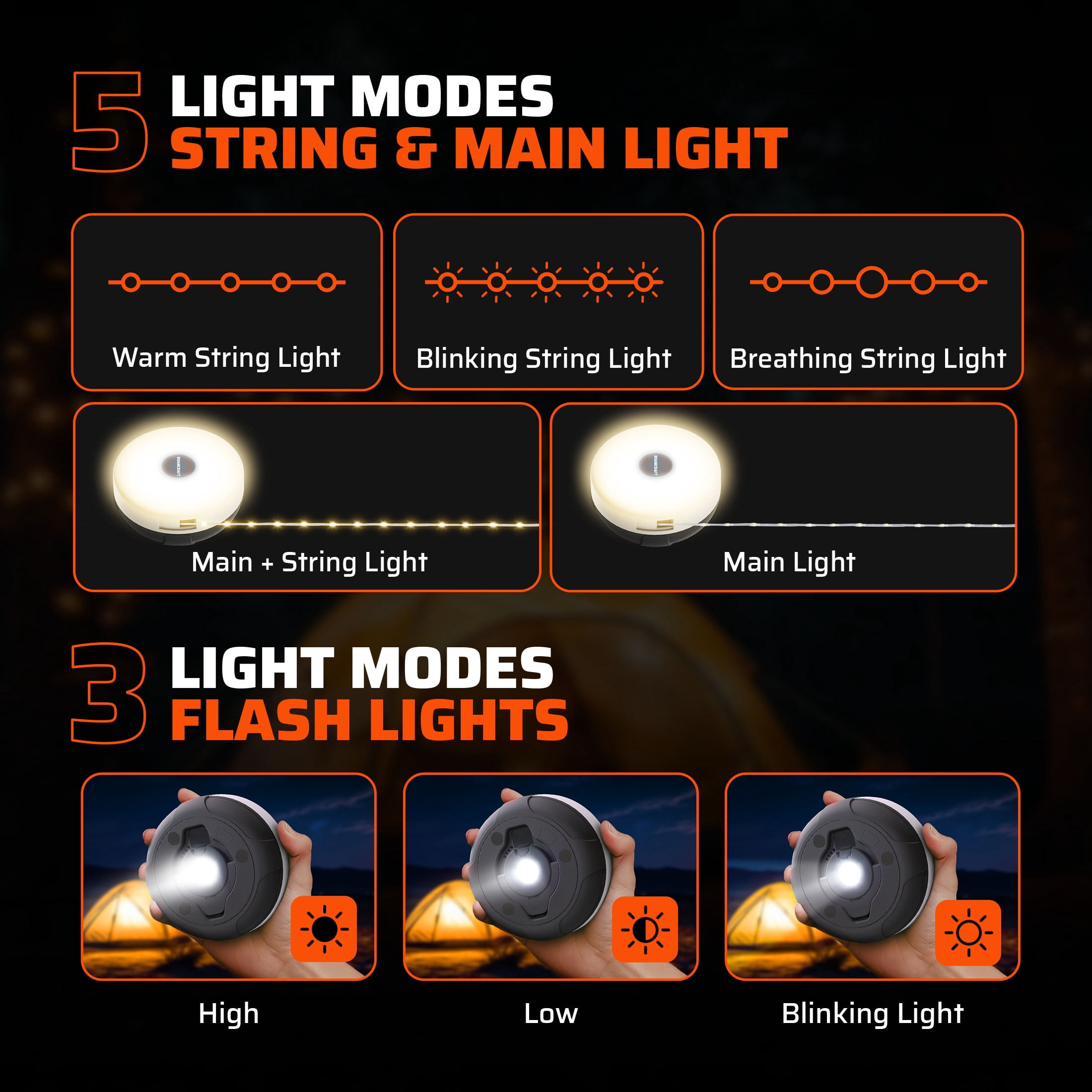Roamcraft™ Portable LED Camping String Light with Built-in Power Bank - 250 Lumens, 32 ft, 8 Modes