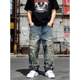 thumbnail image 4 of Reppunk Men's Ripped Distressed Straight Baggy Jeans Trousers Streetwear Menswear Plain Solid Color Casual Denim Pants, 4 of 9