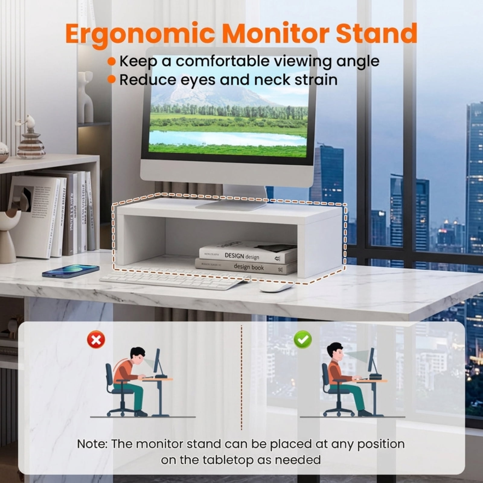 Furnibear 43.5" Computer Desk with Charging Station, Home Office Desk with Ergonomic Monitor Stand and Open Shelves for Bedroom Study, White
