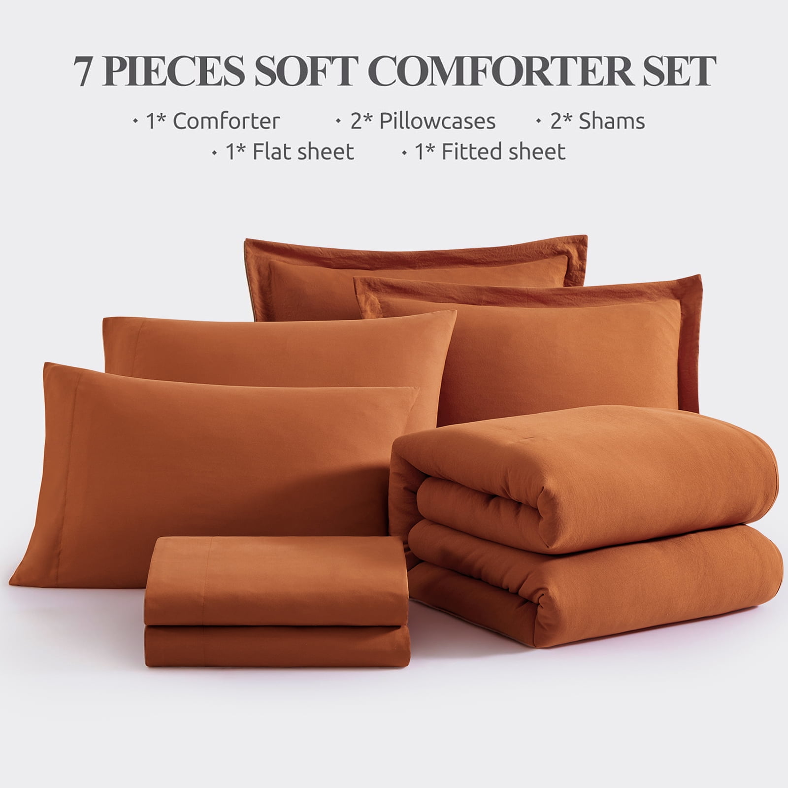 Amberspace Prewashed fabric 7-piece Bed in a Bag Comforter Set with Sheets,Burnt Orange,Queen