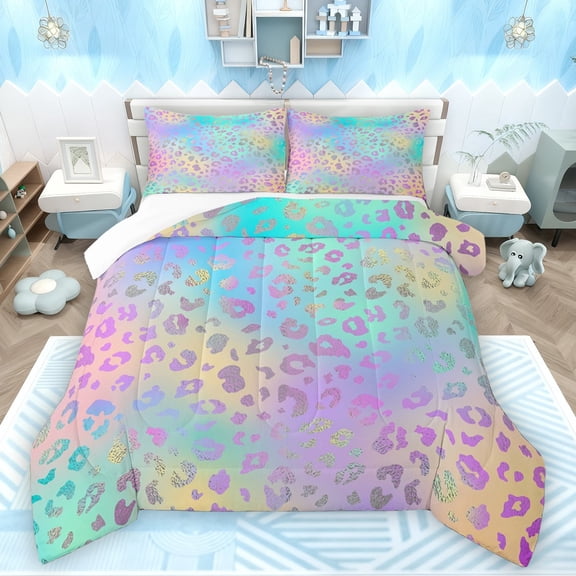 Castle Fairy Cheetah Leopard Print Bedding Comforter Set 2pcs for Girls Female Women,Abstract Gradient Glitter Twin Comforter Sets Microfiber,Dreamy Princess Breathable Bedding Set