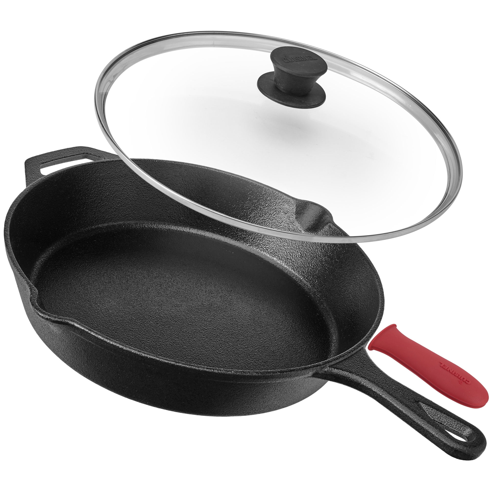 Stove Top and Induction Safe Grill 30.48cm Frying Pans Indoor/Outdoor 8+12-inch / 20.32cm Glass Lids Cast Iron Skillet Set 2 Silicone Handle Covers Pre-Seasoned Oven Safe Cookware