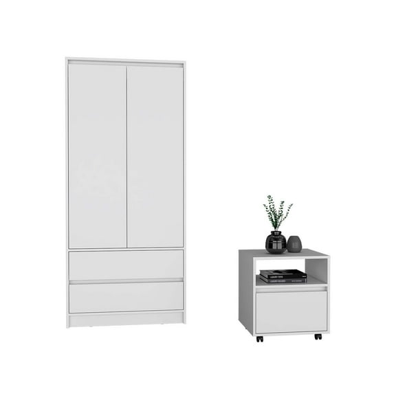 Laurel 2 Piece Bedroom Set, Nightstand & Closher Armoire, White