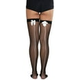 thumbnail image 3 of ToBeInStyle Women's Contrast Backseam With Top Satin Bow Spandex Fishnet Thigh Highs - Black/White - One Size, 3 of 6