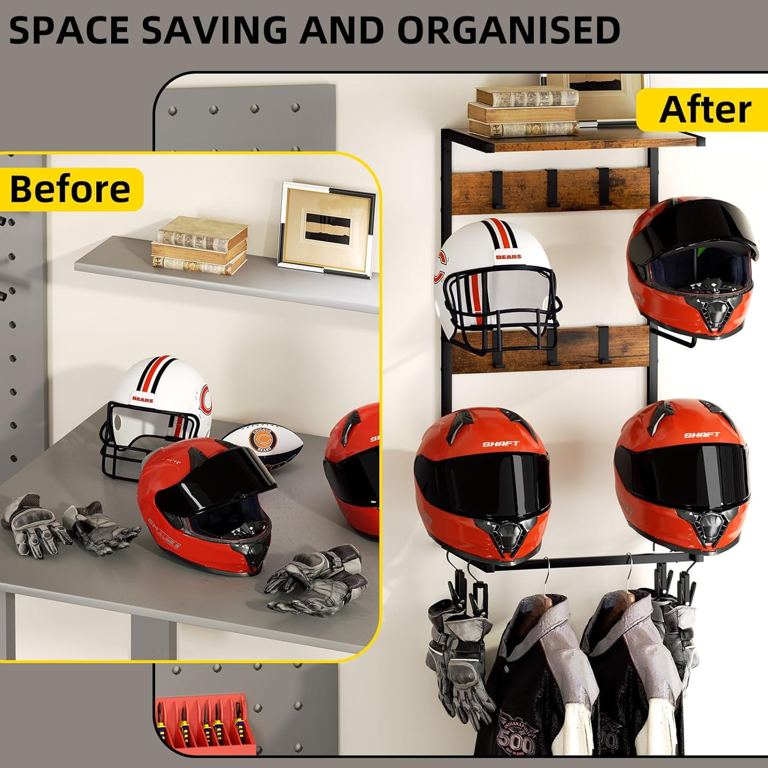 Urban Deco Motorcycle Helmet Holder Wall Mount, Helmet Rack with 4 Hat Stands, Multi-function Helmet Hanger for Motorcycle Accessories