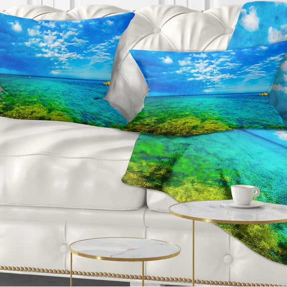 Designart Picturesque Green Blue Seashore - Modern Seascape Throw Pillow - 12x20