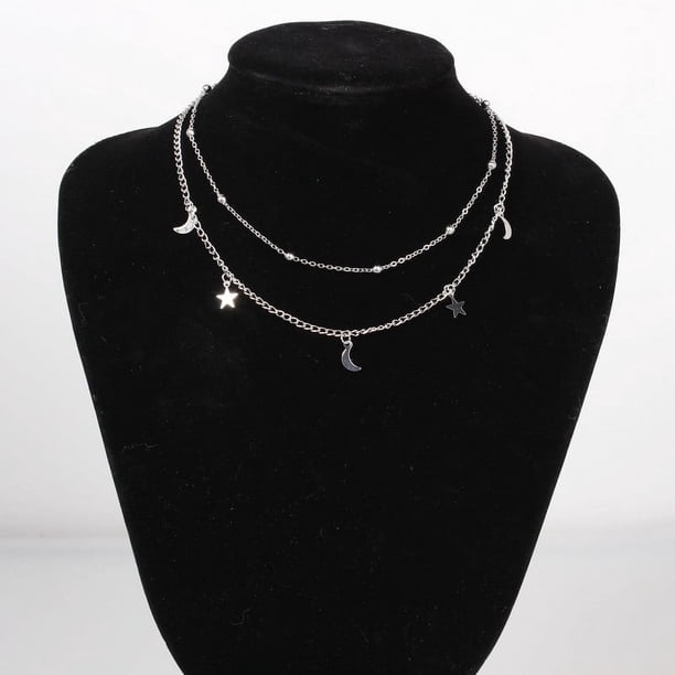 Collar corto con doble luna y estrella, joyería europea y americana, cadena de clavícula con cuentas redondas
