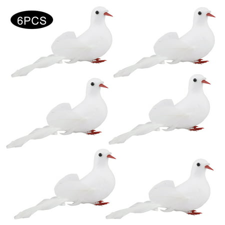 6Pcs White Simulated Foam Doves Lifelike Artificial Feathered Mini Birds with Metal Clip for Christmas Tree Wreath Wedding Ornament Party