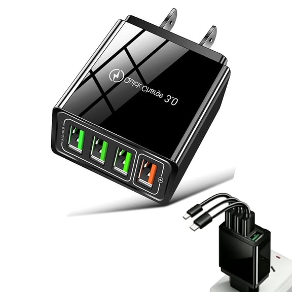 Mobile Phone Charger, 4-Port Quick Charge 3.0 Hub with Temp Control – Fast USB Charging Block, Universal Compatibility, Portable