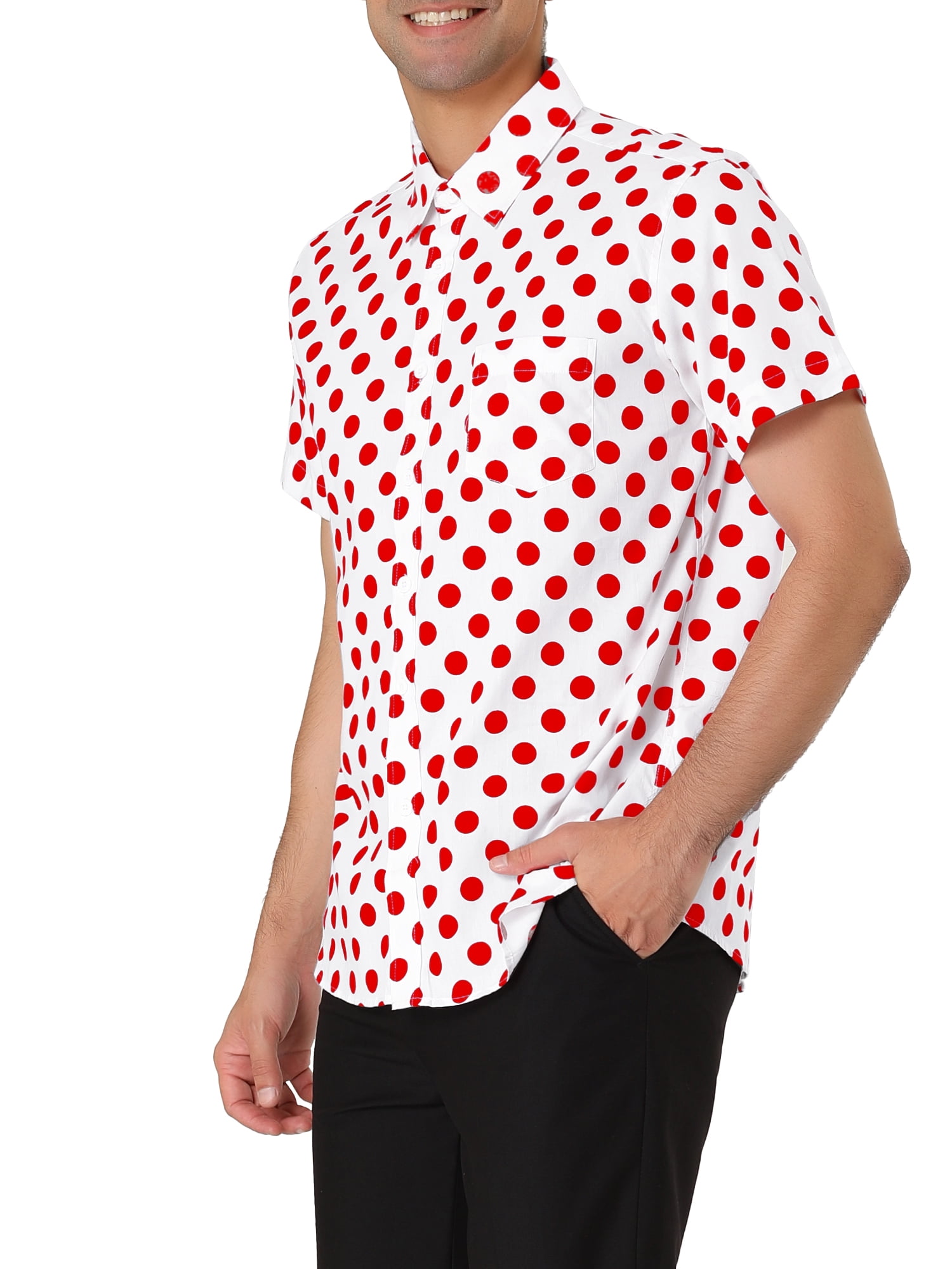 Unique Bargains Men's Button Down Short Sleeves Cotton Polka Dots Shirt M (US 38) Red White