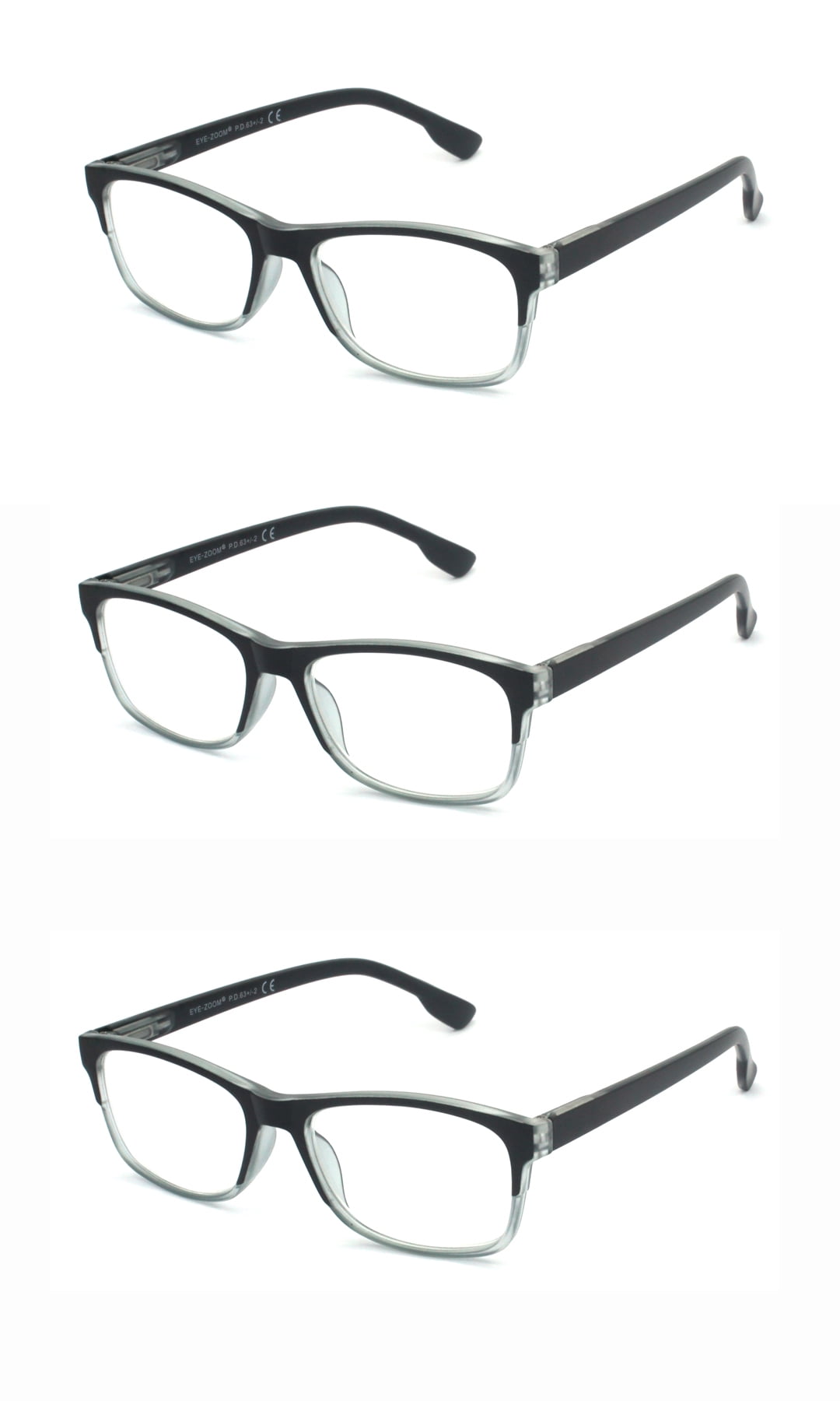 EYE ZOOM 3 Pack Two Tone Plastic Reading glasses Classic Square Shaped Readers with Spring Hinge