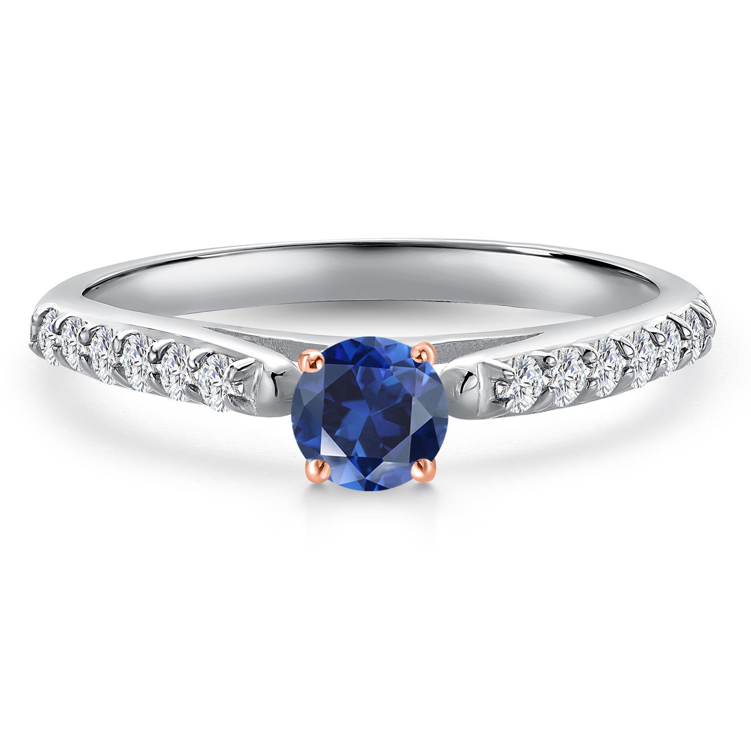 Gem Stone King 10K Two Tone Gold Blue Created Sapphire and Lab Grown Diamond Engagement Ring for Women | 0.43 Cttw | Round 4MM | Gemstone September Birthstone | Size 7