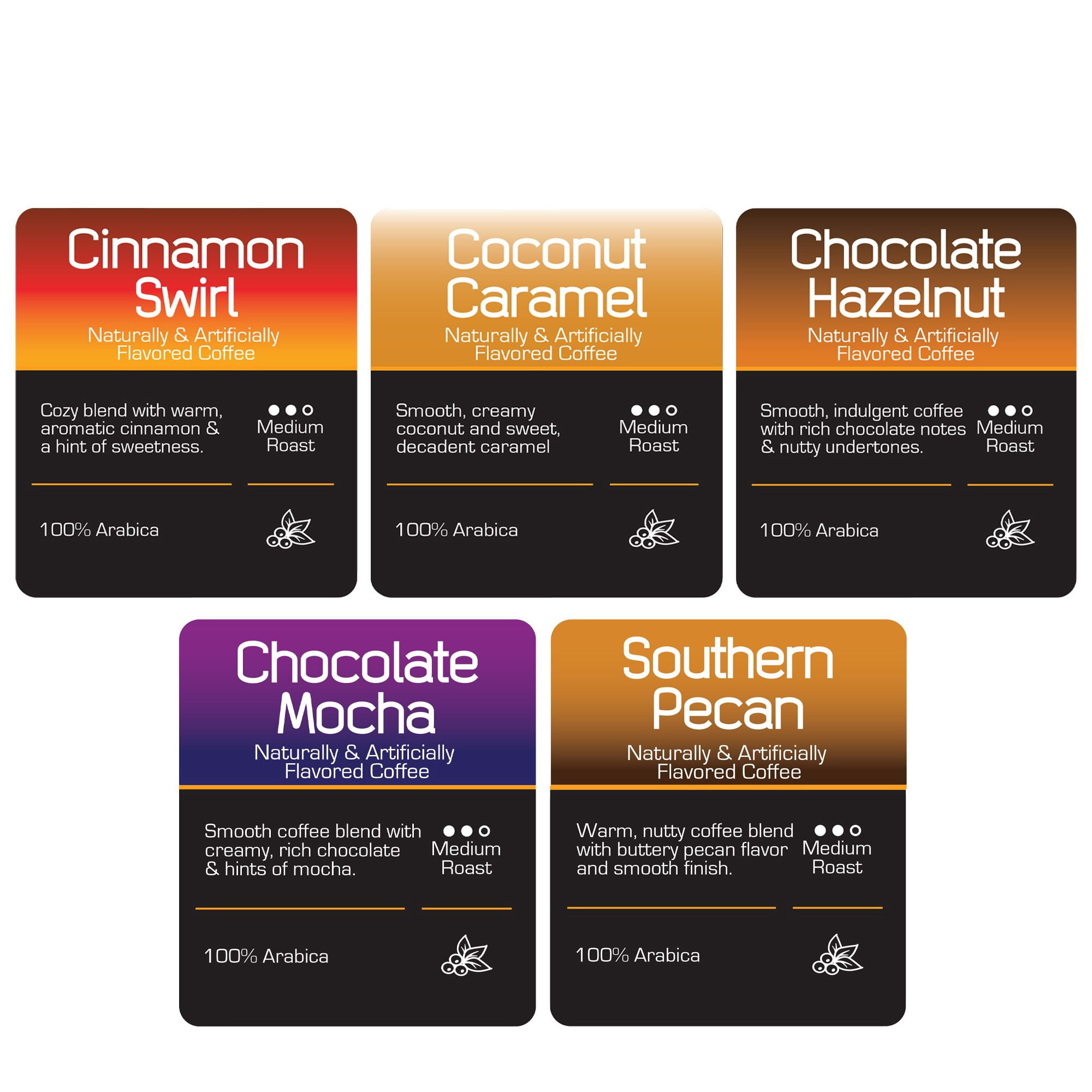 Roast Ridge Single Serve Coffee Pods for Keurig K-Cup Brewers, Variety Pack, Medium Roast, (20 each: Cinnamon Swirl, Coconut Caramel, Chocolate Mocha, Southern Pecan, Chocolate Hazelnut) 100 Count