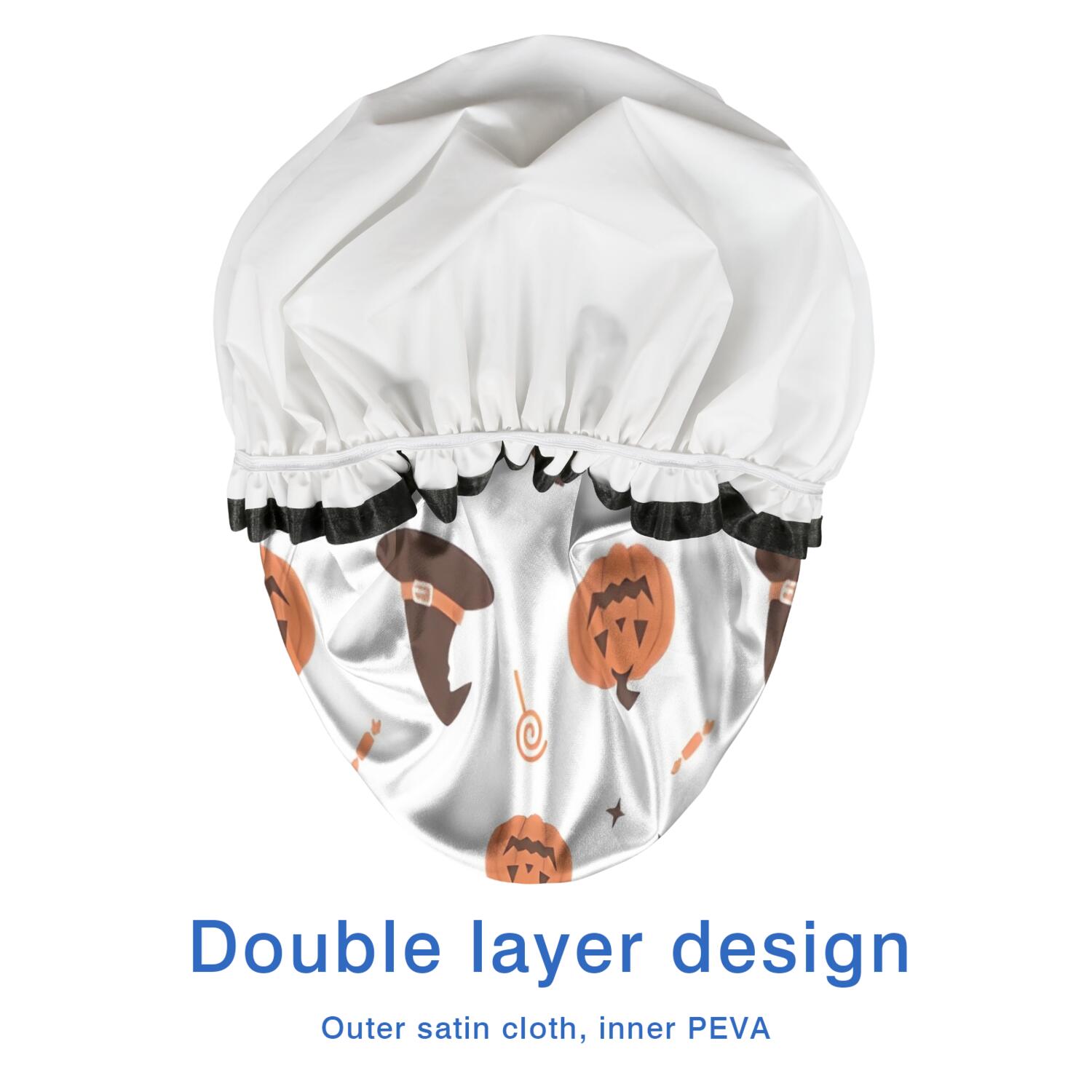 Shower Caps,Halloween Pumpkins Witch Hats and Bats Waterproof Shower Cap for Women 4 Pieces,Double Reusable Hair Cover for Shower PEVA Elastic Stretch Hem