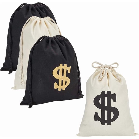 4 Pcs 2 Colors Canvas Large Money Bag Money Bag Canvas Drawstring Coin Bag Cloth Pouch with Drawstring Closure