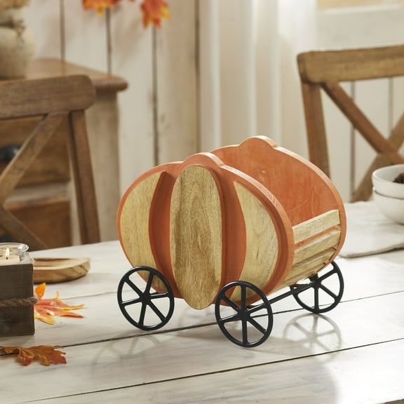 VHC Brands Wooden Pumpkin Carriage w/ Iron Wheels Decor, Fall and Halloween Home Decor for Tables and Shelves, Indoor Decorations for Tabletop Pumpkin Orange, Natural Light, Black, 12.75x14.5