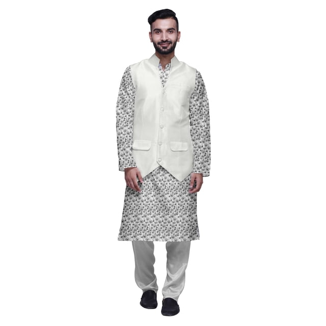 Atasi Traditional Printed Kurta Churidar Pajama Set With Nehru Jacket For Men