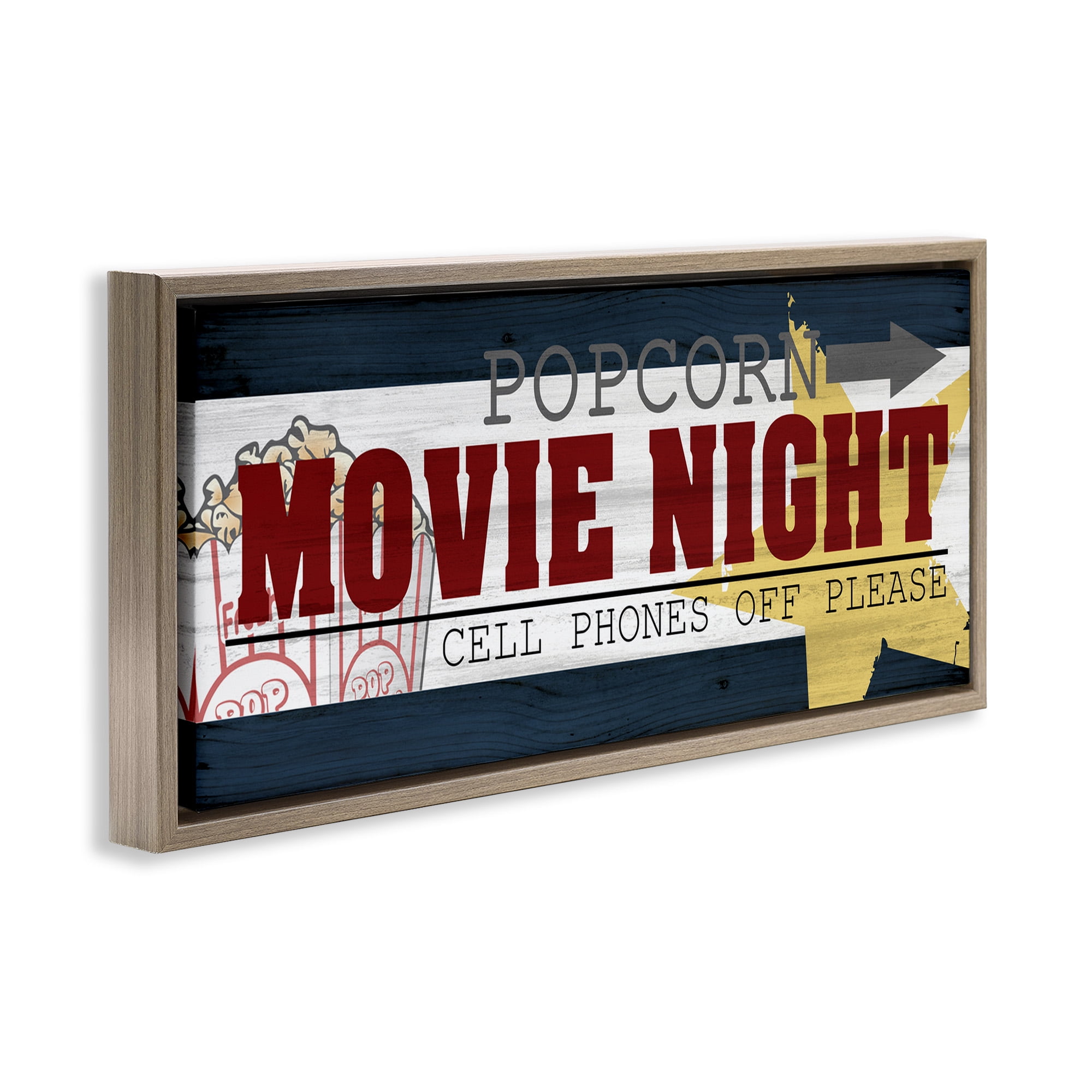 Stupell Industries Movie Night Vintage Sign Typography Painting Brown Floater Framed Canvas Art Print Wall Art, 31 x 14