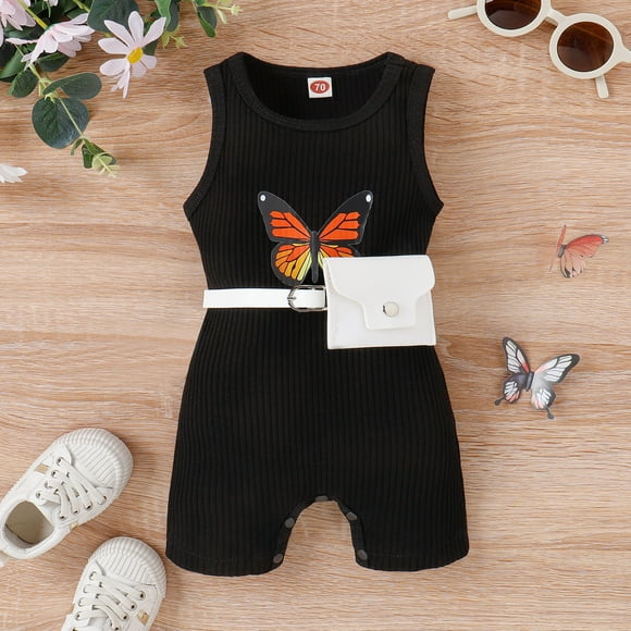 XDZJLR Girls Rompers Toddler Sleeveless Crewmecl Solid Color Print Ribbed Belt Waist Bag Outfit Black 9-12 Months