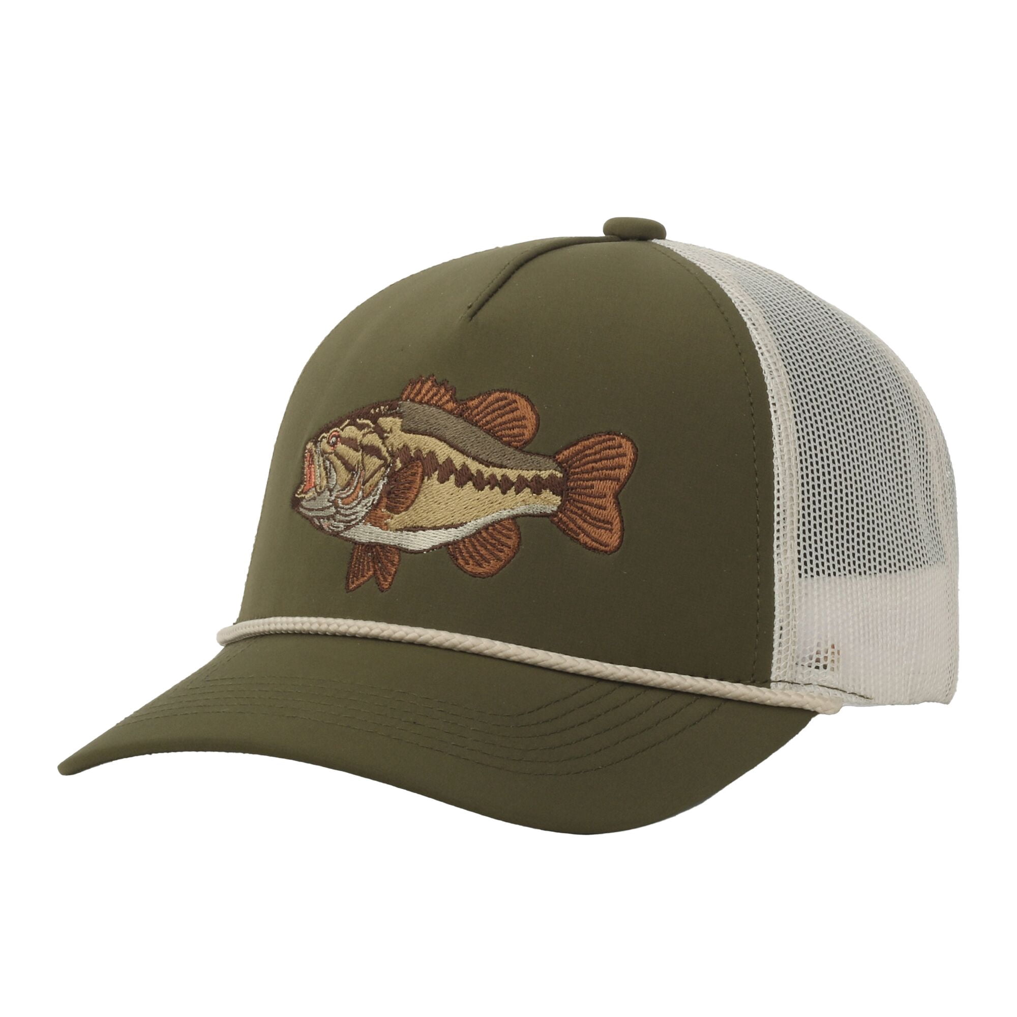 Olive/Putty Bass 5-Panel Fishing Cap – Structured, Embroidered, Snapback, One Size