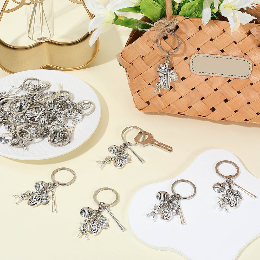 20Pcs Alloy Baseball Player & Baseball Bat & Hat Keychains with Iron Split Key Rings Silver 80mm