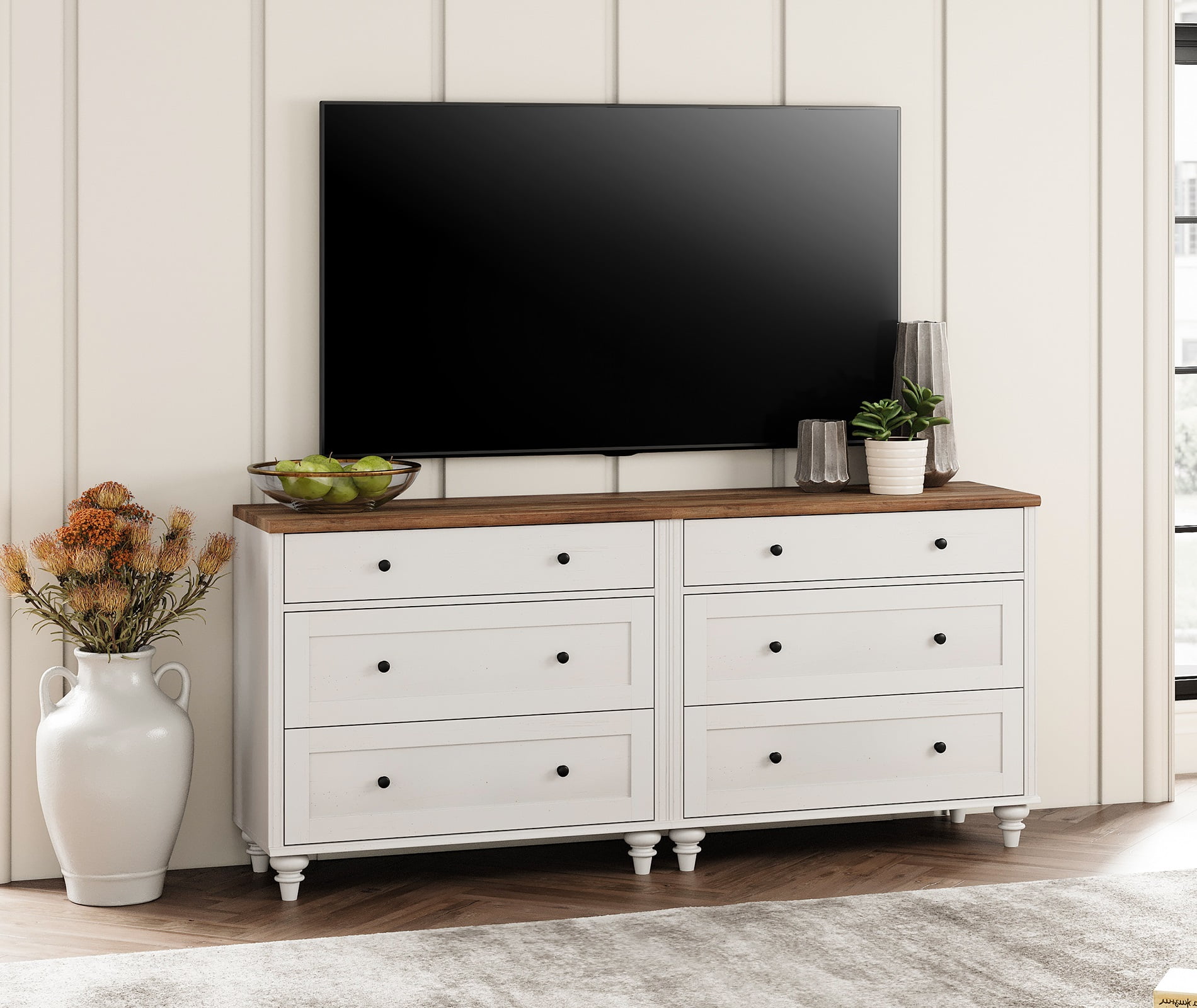 Farmhouse Nightstand with 3 Drawers, Set of 2 Large 3 Drawers Wood Bedside Table Night Stand, Wide Sofa Side End Table Chest of Dresser for Living Room, Bedroom, White, 34 inch (2PCS)