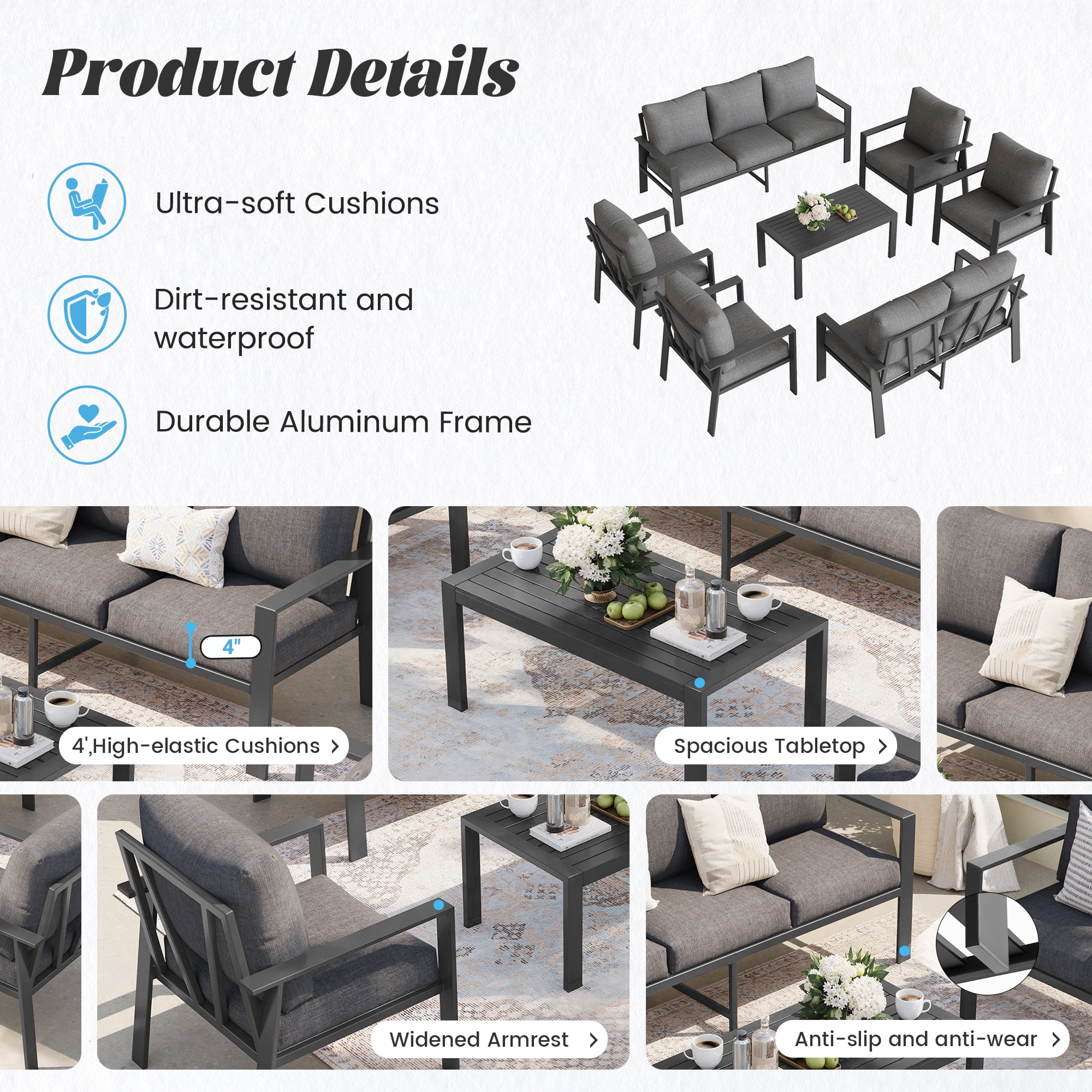 MRUAKA Aluminum Patio Furniture Set, 9 Pcs Modern Outdoor Sofa Sets, Outdoor Sectional Patio Conversation Set with Coffee Table for Backyard, Poolside, Dark Grey