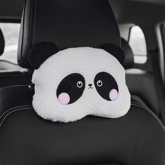 Almohada cervical para coche para conductor y pasajero | Cojín para reposacabezas con un adorable panda | Soporte ergonómico para viajes largos | Tejido de lino y algodón | Diseño con clip