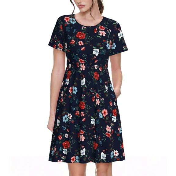 Spring Summer Dresses for Women 2025 - Vintage Rose Wedding Guest Dresses, Beach Vacation Clothes, Hawaiian Sundresses Casual Short Sleeve Dress for Women with Pockets