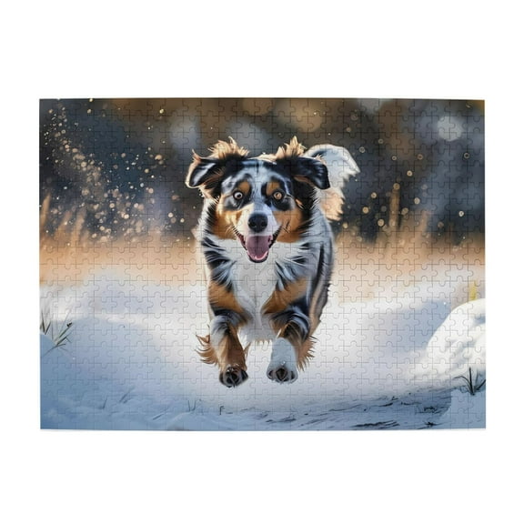 500-Piece Wooden Jigsaw Puzzle for Adults - Running Happy Dog Snow Field , Interlocking Pieces with Guide Letters, Holiday Gift & Home Decor