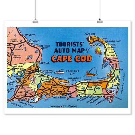 Cape Cod, Massachusetts - Detailed Auto Map of Cape Cod - (1952) - Vintage Map (9x12 Art Print, Wall Decor Travel