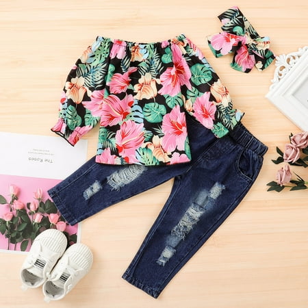 

Toddler Kids Baby Girls Off Shoulder Floral Tops+Jeans Hole Pants +Hairband Sets