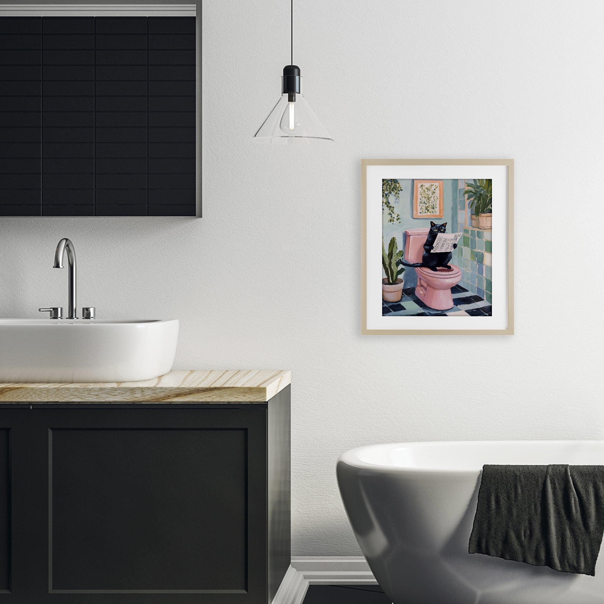 Stupell Industries Cat Reading on Pink Toilet Birch Framed Print Under Glass, design by The Prints Vibe