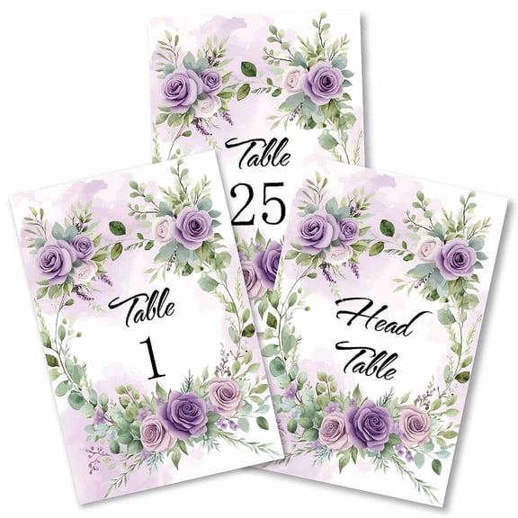 26Pcs Rose Table Numbers Wedding Table Number Cards 1-25 Purple Rose Wreath Design Double Sided Paper Floral Seating Sign DIY
