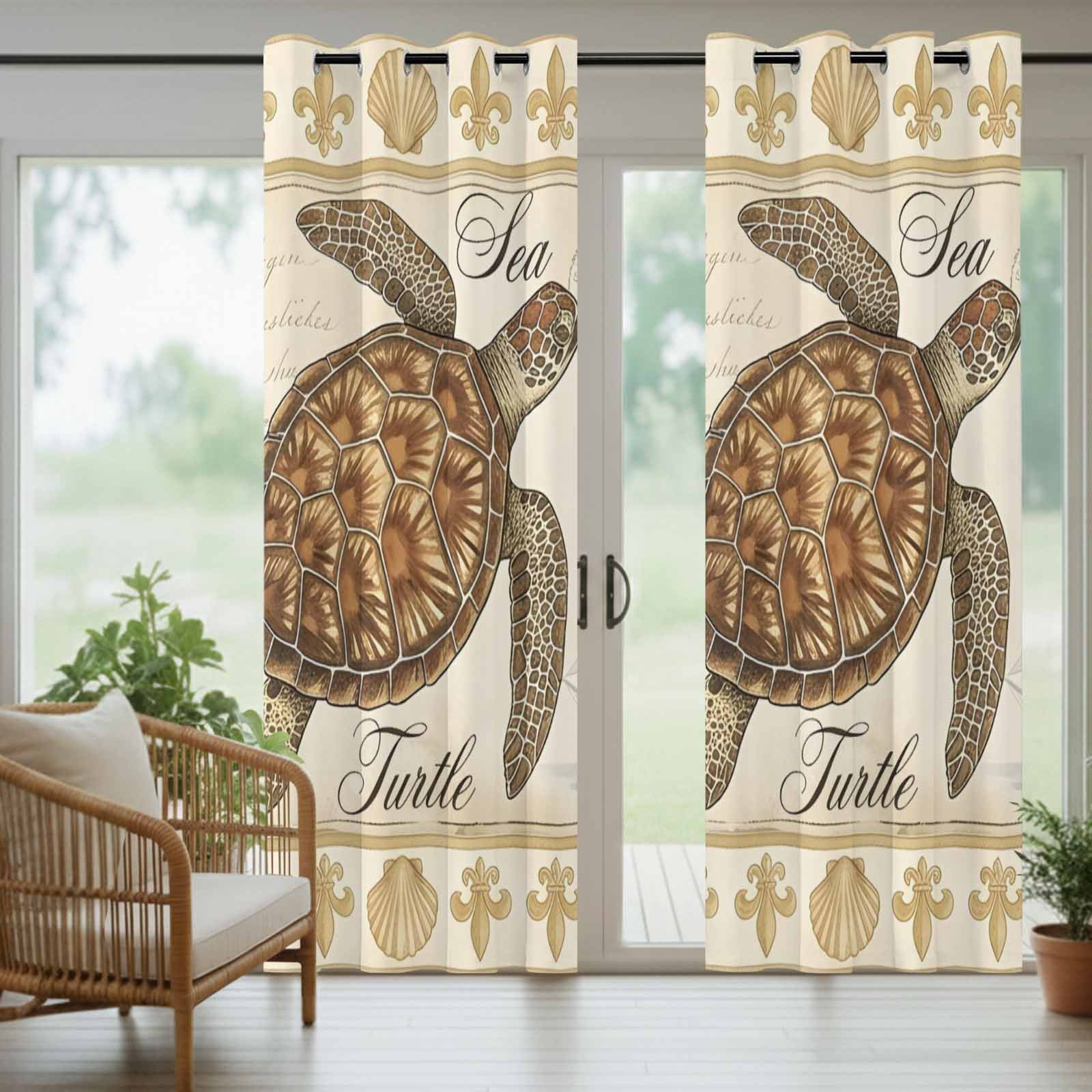 Retro Nautical Outdoor Curtains for Patio, Ocean Beige Brown Sea Turtle Seashell Ship Sunshade Privacy Drapes Grommet Waterproof Outside Curtains for Porch/Cabana/Balcony 54"x 108", 1 Panel