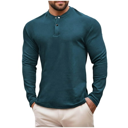 FAWUUDO Men s Solid Color Crew Neck Button Detail Dralon Long Sleeve T-shirt Top Base Layer Tops Versatile 2XL Green