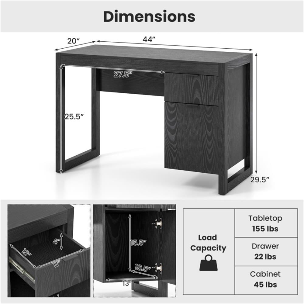 Demi Bonn Modern Computer Desk Workstation with Cabinet and Drawer, Small Home Office Desk Study Writing Table, Black