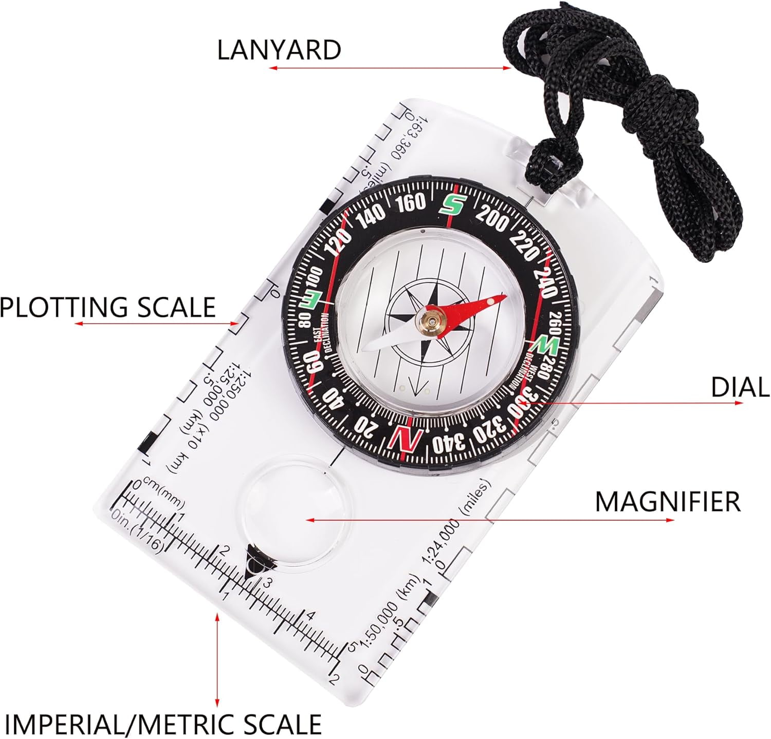 Outdoor Compass with Adjustable Declination, Magnifier, Ruler, Scale. Multifunctional Orienteering Waterproof Compass for Map Reading, Navigation, Hiking