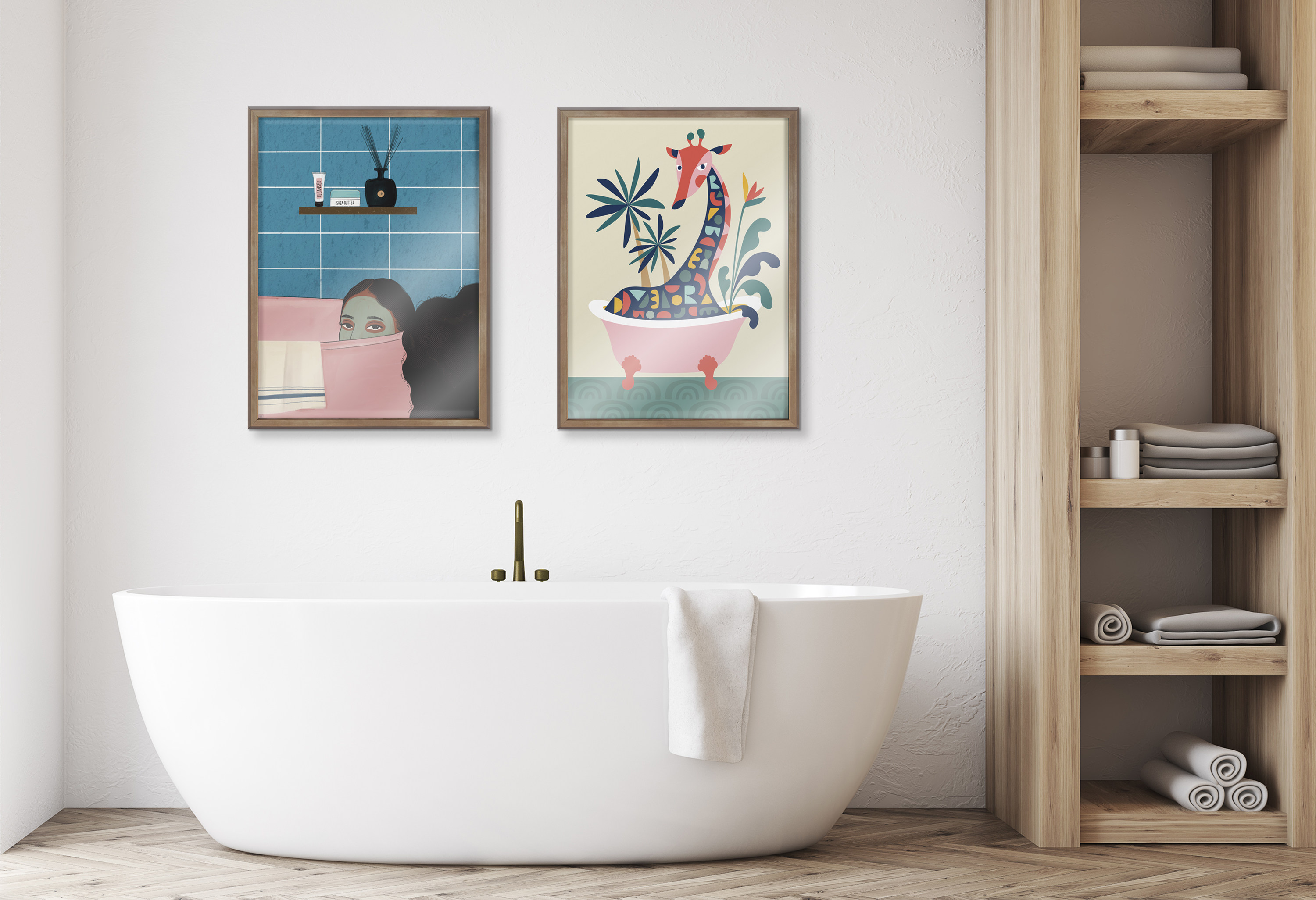 Kate and Laurel Blake Mid Century Modern Giraffe in Bathtub Framed Printed Glass Wall Art by Rachel Lee of My Dream Wall, 18x24 Gold, Decorative Colorful Animal Art for Wall
