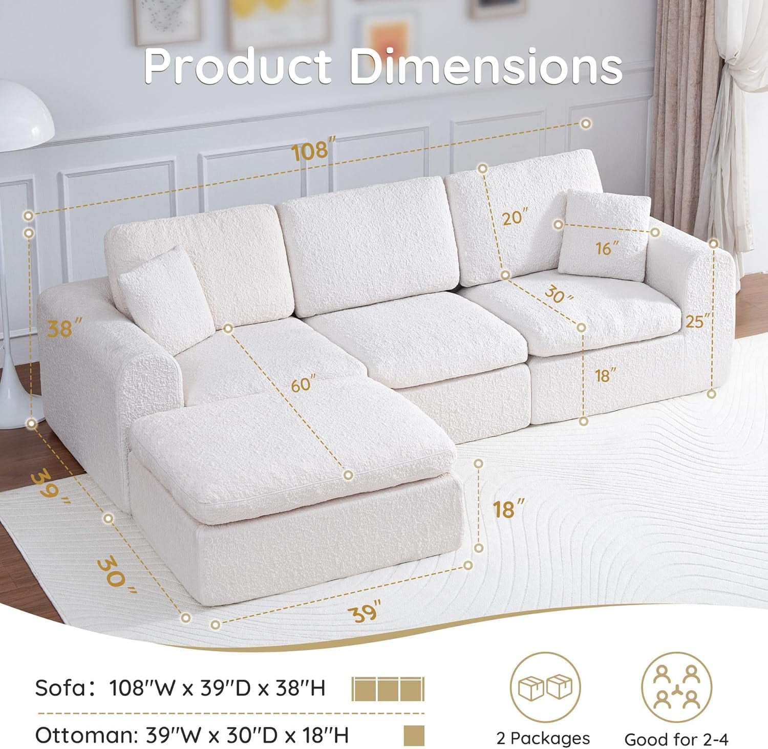 NeoNubo Modular Sectional Cloud Couch, Utra Soft L-Shaped Couch with Ottoman, Deep Seat Boneless Couches for Living Room Bedroom, No Assembly Required, White