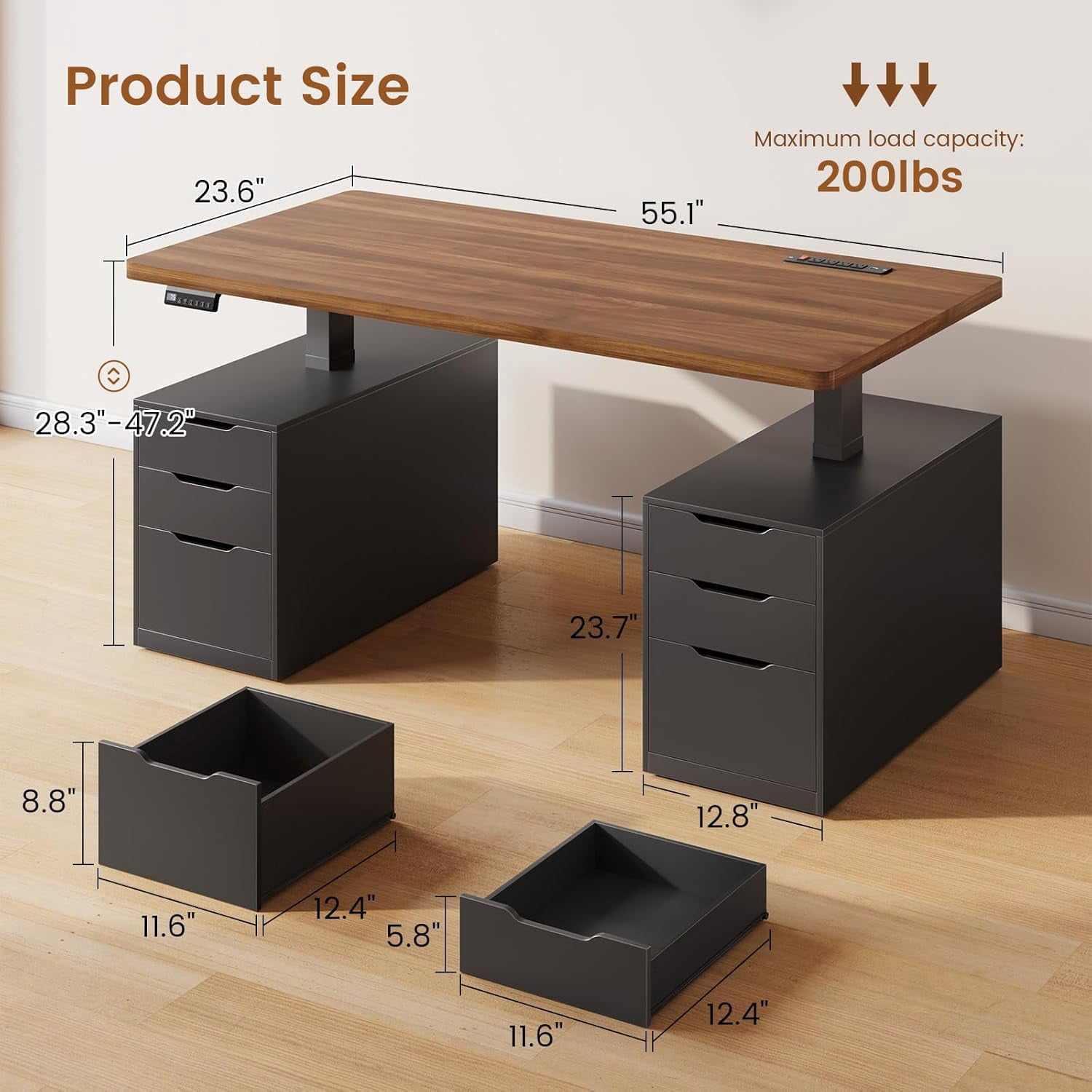 SEDETA 55" Electric Standing Desk with 6 Drawers, Adjustable Height Computer Desk with Power Outlets, Wood Corner stand Up Desk for Home Office, Large PC Workstation, Black & Brown Top